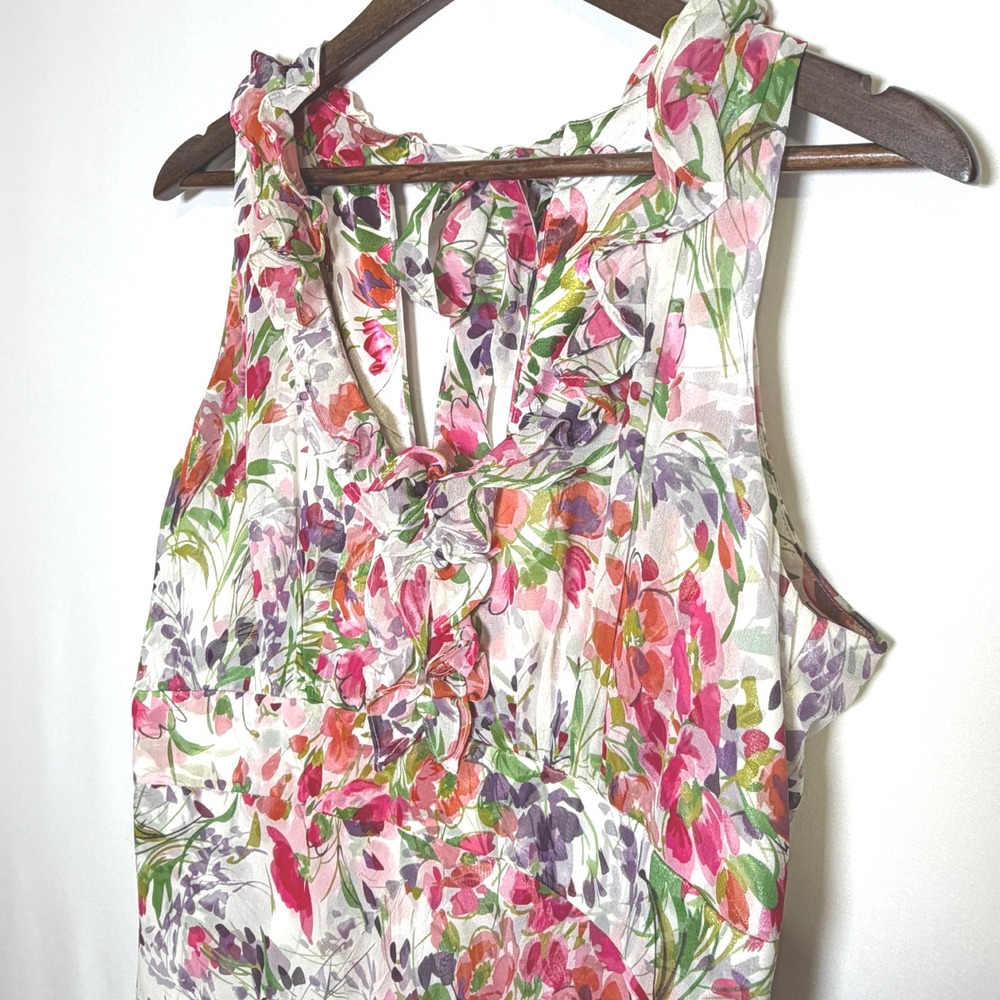 Donna Ricco SILK Floral Ruffle V-Neck Tie Back Midi Dress Pink Purple Sz 14